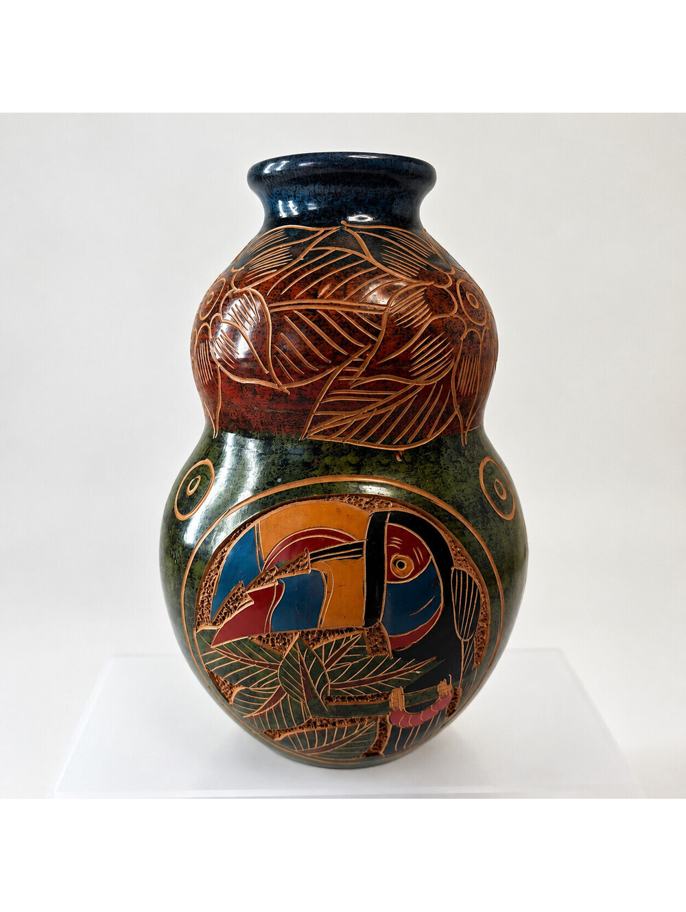 Vintage Franklin Calero Costa Rica Pottery Vase Toucan Turtle Hummingbird 7.5 In